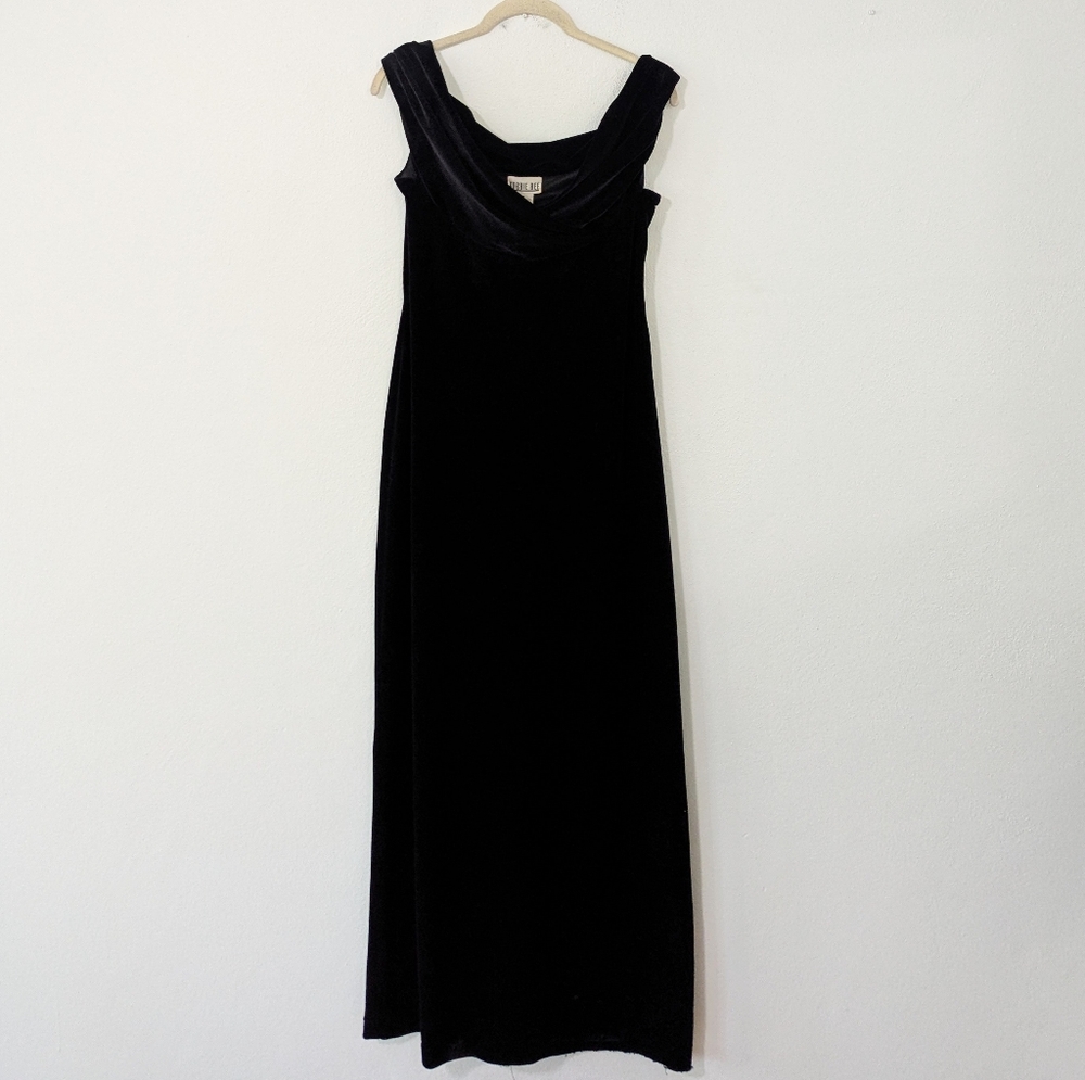 Vintage Y2K Velvet Off Shoulder Maxi Dress Foldover Neckline Black Goth 6